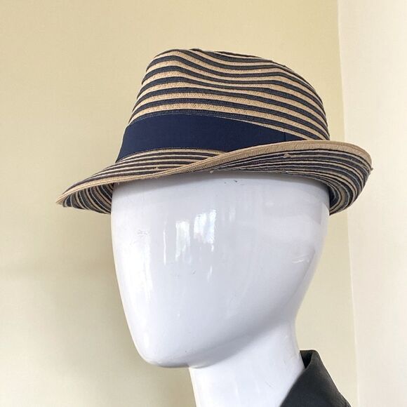 Papillon Panama Style Hat Blue and Straw Colored Stripes 100% Recycled - Picture 3 of 10
